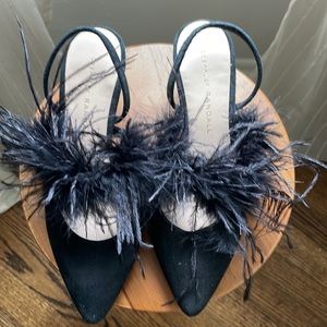 Loeffler Randall Juno Feather Trim Suede sling back mules